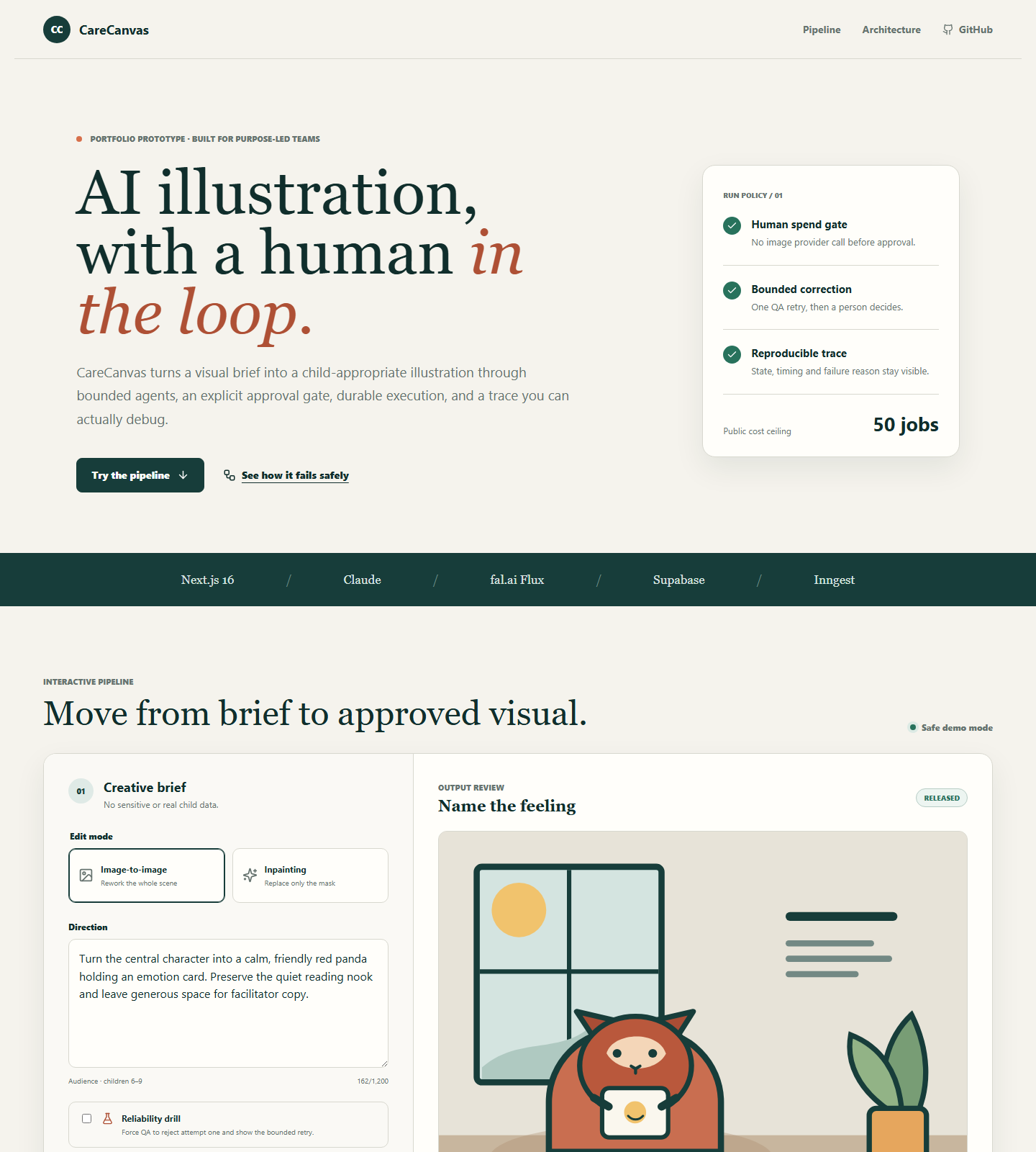 CareCanvas public demo showing its AI illustration workflow and review interface